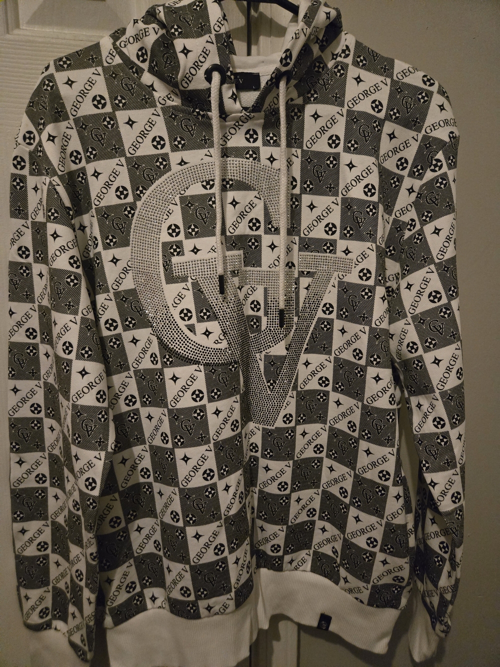 George Men's White and  Logo Hoodie With Rhinstones All Over June 20 Last Day